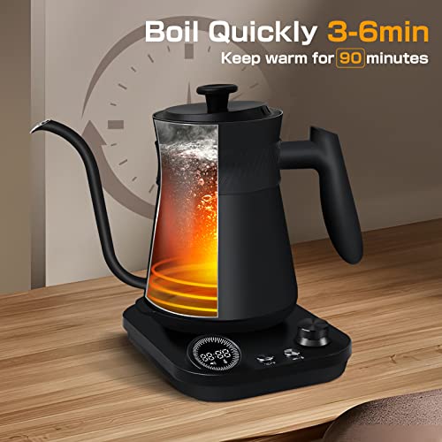  Electric Kettle Gooseneck 0.8L Tea Coffee Kettle Quick Heating Pour Over Kettle Temperature Control With LED Screen Stainless Steel Inner Lid & Bottom, Matte Black 1200W