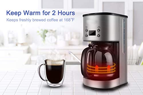  Coffee Maker 12 Cup, Programmable Coffeemaker, Auto Shut-off Coffee Machine, 2 Hours Keep Warm Glass Coffee Pot, Grab-a-cup, LCD Display, Removable Filter,Stainless Steel, 1000W(Silver)