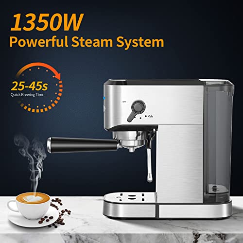  Espresso Machine, 20Bar Pump Espresso Coffee Machine With Steamer, Stainless Steel Cappuccino Latte Maker Easy To Use For Home Barista, 1350W