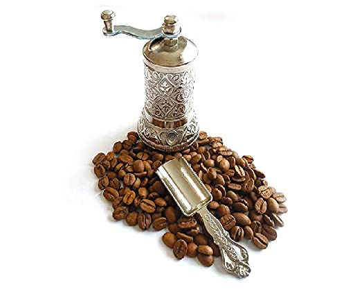  Silver Pepper & Turkish Coffee Grinder Mill - 4.2 Inches Inch/Set Of 2 - With Antique Look Casting Carving Spice Spoon - Spice Pepper And Turkish Coffee Grinder - Best Gift Idea