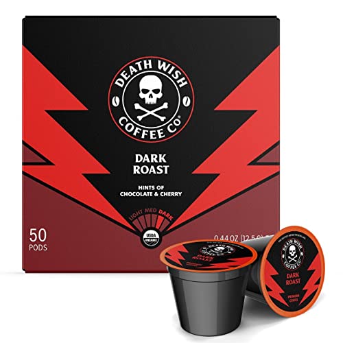  Single Serve Pods - Extra Kick Of Caffeine - Dark Roast Coffee Pods - Made With USDA Certified Organic, Fair Trade, Arabica And Robusta Beans (50 Count) - Packaging May Vary