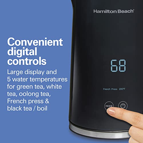 Hamilton Beach Digital Temperature Control Electric Tea Kettle, Hot Water Boiler & Heater 1.7L, 5 Preset Modes + Keep Warm, Fast Boil 1500 Watts, BPA Free, Cool-Touch Stainless Steel Exterior, Black