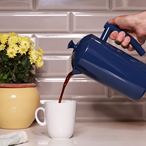  Double-Walled Stainless Steel French Press Coffee Maker, Navy, 34 Fl Oz.