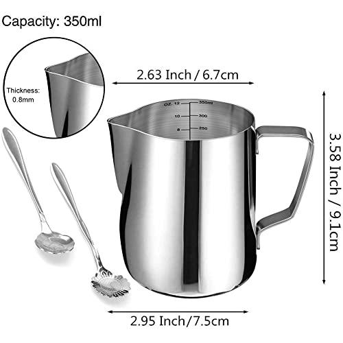 Ilk Frothing Pitcher Jug - 12oz/350ML Stainless Steel Coffee Tools Cup - Suitable For Espresso, Latte Art And Frothing Milk, Attached Dessert Coffee Spoons