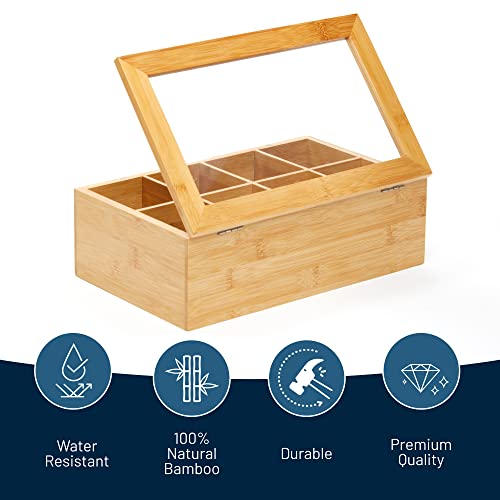  Big Natural Bamboo Tea Storage Organizer With Clear Acrylic Top Window, 8 Compartments Eco-Friendly Tea Bag Holder, Multi-Functional Storage Box