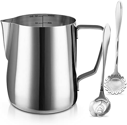  Ilk Frothing Pitcher Jug - 12oz/350ML Stainless Steel Coffee Tools Cup - Suitable For Espresso, Latte Art And Frothing Milk, Attached Dessert Coffee Spoons