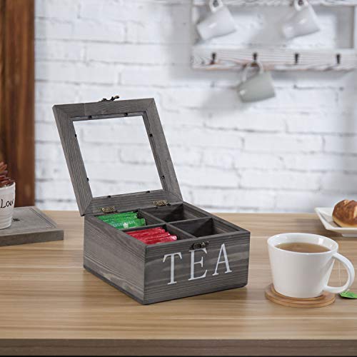  MyGift Rustic Gray Solid Wood Tea Storage Organizer Box With 4 Compartments, Tea Bag Chest With Clear Acrylic Lid And Latch