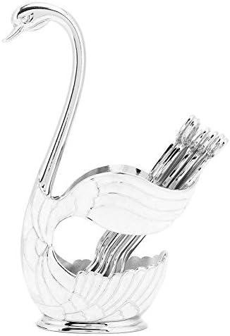  Coffee Spoon Holder Set, Elegant Swan Base Holder Dessert Scoop Serving Spoon Organizer Decorative European Style Metal Flatware Tableware With 6pcs Ice Cream Spoons (Silver White)
