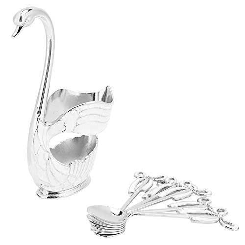  Coffee Spoon Holder Set, Elegant Swan Base Holder Dessert Scoop Serving Spoon Organizer Decorative European Style Metal Flatware Tableware With 6pcs Ice Cream Spoons (Silver White)
