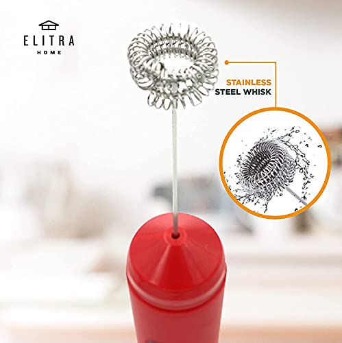  Ilk Frother Handheld Battery Operated Electric Stainless Steel Whisk Foam Maker For Coffee, Cappuccino, Latte, Hot Chocolate - By ELITRA HOME (RED)