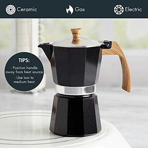  Aluminum Stove Top Espresso Maker, Percolator Pot For Moka, Cuban Coffee, Cappuccino, Latte And More, Perfect For Camping, 6 Cup, Black