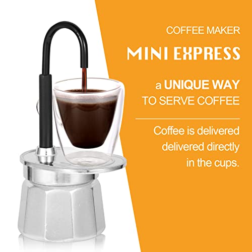  -Mini Express Swiss Single Tube Moka Pot Aluminum Sliver，Moka Set Includes One Double Wall 3oz Cup,Enjoy Delicious Coffee In No Time