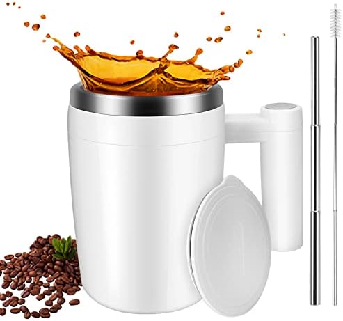  Self Stirring Coffee Mug, Automatic Stainless Steel Magnetic Stirring Coffee Mug With 2Pc Stir Bar,13oz Automatic Mixing Cup For Milk/Coffee, Double Wall Insulation Tumbler For Outdoor,Home, Black