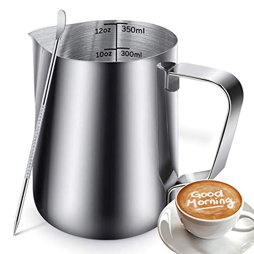  12oz Milk Frothing Pitcher, Stainless Steel Espresso Latte Cup Steaming Pitcher Creamer Cup, Milk Frother Cup Espresso Machine Accessories Barista Tools Jug For Coffee Cappuccino With Latte Art Pen