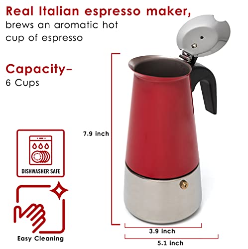  6 Cup Coffee Maker Stovetop Espresso Coffee Maker, Moka Coffee Pot With Coffee Percolator Design, Stainless Steel Stovetop Espresso Maker, Italian Coffee Maker (Red) (300ml/10oz)
