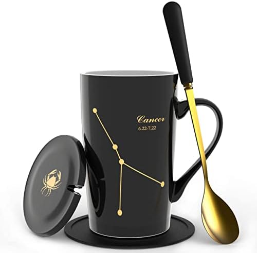  -15oz Scorpio Coffee Mug With Long Handle Spoon Lid Birthday Gift Ceramic Creative Constellation Zodiac Capacity Tea Cup For Cocoa Water Milk Juice (Scorpio-Black Gold)