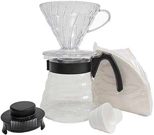 Hario Pour Over Coffee Starter Set Craft Coffee Maker Dripper, Glass Server, Scoop And Filters Size 02, Black