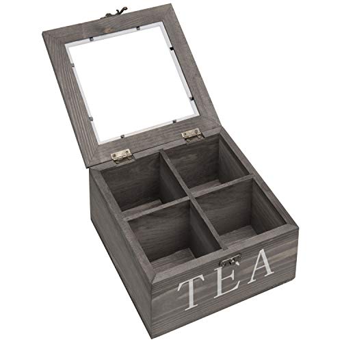  MyGift Rustic Gray Solid Wood Tea Storage Organizer Box With 4 Compartments, Tea Bag Chest With Clear Acrylic Lid And Latch