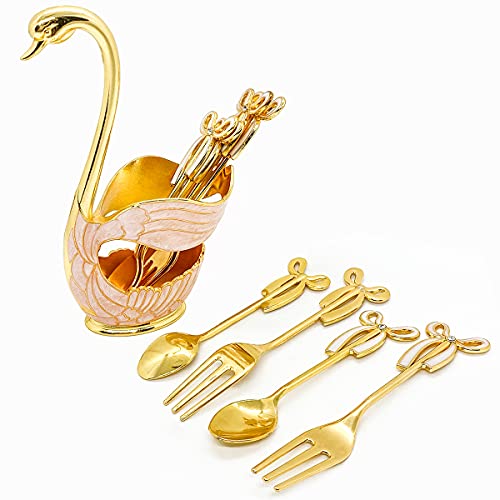  9 Pcs Metal Coffee Dessert Spoons Set, Swan Base Spoon Holder Organizer With 4 Forks, 4 Spoons For Coffee, Fruit, Dessert, Stirring, Mixing, Sugar, Stir, Ice Cream, Cake, Teaspoon (Gold)