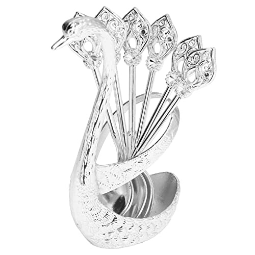  Decorative Swan Base Holder With Coffee Spoon Set, Zinc Alloy Embossment Coffee Stirrers Holder Elegant Swan Coffee Spoon Holder For Spoons Fruit Dessert(Silver)