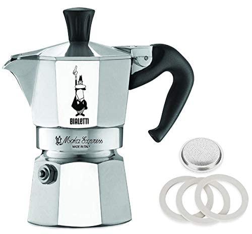 Original Bialetti 1-Espresso Cup Moka Express | Espresso Maker Machine With Extra Genuine Bialetti Replacement Filter And Three Gaskets Bundle (1-cup, 2.0 Fl Oz, 60 Ml)