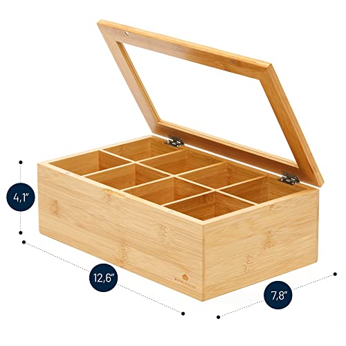  Big Natural Bamboo Tea Storage Organizer With Clear Acrylic Top Window, 8 Compartments Eco-Friendly Tea Bag Holder, Multi-Functional Storage Box