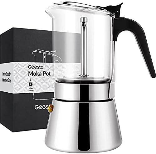  EESTA Premium Crystal Glass-Top Stovetop Espresso Moka Pot - 4 / 6/ 9 Cups - Stainless Steel Coffee Maker- 160ml/5.6oz/4 Cup (esHimpresso Cup=40ml)- Valentines Day Gifts