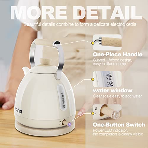  -Boil Water Electric Kettle, 1.7L 1500W, Coffee & Tea Kettle Stainless Steel,Wood Grain Design, Removable Filter, Water Window, LED Light. 360° Rotation, Auto Shut-off & Boil-Dry Protection