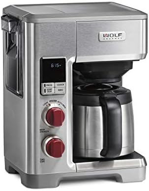  Wolf Gourmet Programmable Coffee Maker System With 10 Cup Thermal Carafe, Built-In Grounds Scale, Removable Reservoir, Red Knob, Stainless Steel (WGCM100S)