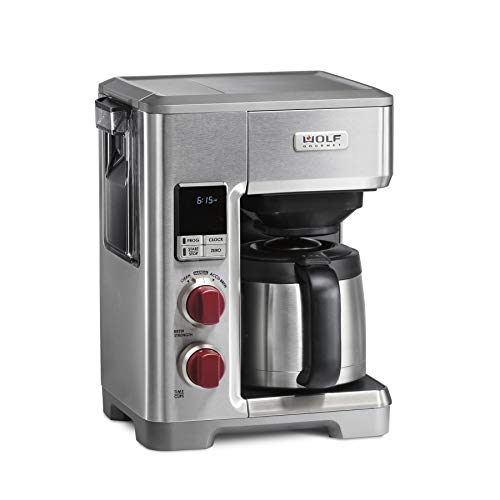  Wolf Gourmet Programmable Coffee Maker System With 10 Cup Thermal Carafe, Built-In Grounds Scale, Removable Reservoir, Red Knob, Stainless Steel (WGCM100S)