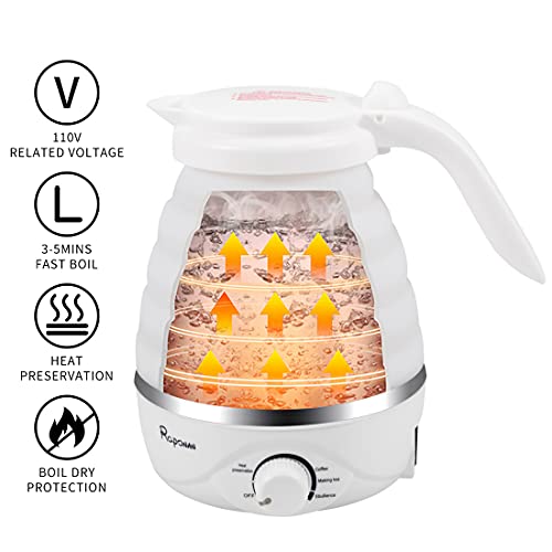  Travel Foldable Electric Kettle 700ml, Small Portable Kettle Food Grade Silicone With Separable Power Cord, Collapsible Water Heater For Tea Coffee, Boil Dry Protection 110V 850W US Plug (White)