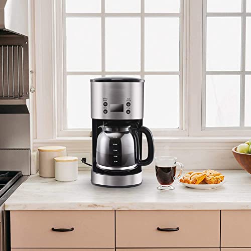  Coffee Maker 12 Cup, Programmable Coffeemaker, Auto Shut-off Coffee Machine, 2 Hours Keep Warm Glass Coffee Pot, Grab-a-cup, LCD Display, Removable Filter,Stainless Steel, 1000W(Silver)