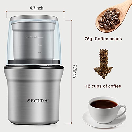  Coffee Grinder Electric, 2.5oz/75g Large Capacity Spice Grinder Electric, Coffee Bean Grinder With 1 Stainless Steel Blades Removable Bowl