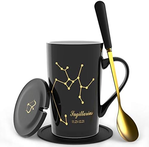  -15oz Scorpio Coffee Mug With Long Handle Spoon Lid Birthday Gift Ceramic Creative Constellation Zodiac Capacity Tea Cup For Cocoa Water Milk Juice (Scorpio-Black Gold)