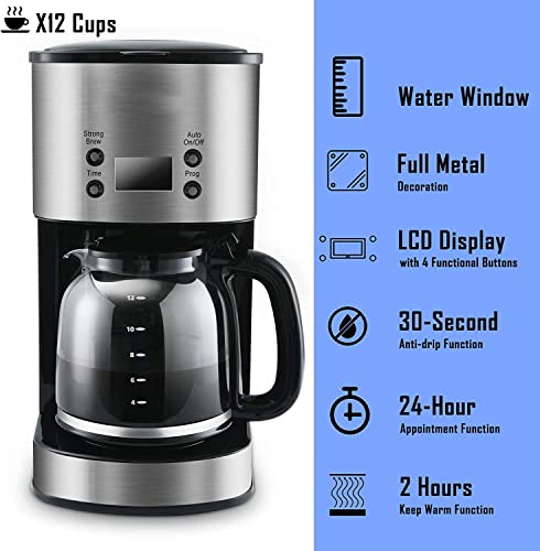  Coffee Maker 12 Cup, Programmable Coffeemaker, Auto Shut-off Coffee Machine, 2 Hours Keep Warm Glass Coffee Pot, Grab-a-cup, LCD Display, Removable Filter,Stainless Steel, 1000W(Silver)