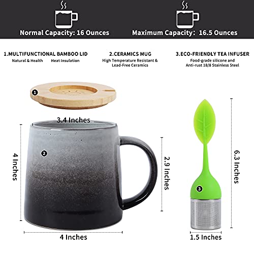  Tea Mug With Infuser And Lid, 16.5 OZ Tea Infuser Cup, Tea Strainer Cup With Large Handle For Loose Tea, Ceramic Tea Steeping Mug, Microwave And Dishwasher Safe Coffee Mug (Black And White)