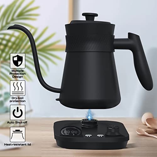  Electric Kettle Gooseneck 0.8L Tea Coffee Kettle Quick Heating Pour Over Kettle Temperature Control With LED Screen Stainless Steel Inner Lid & Bottom, Matte Black 1200W