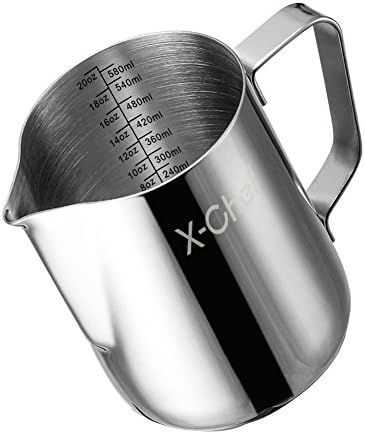 Milk Frothing Pitcher, X-Chef Milk Frother Cup, 20 Oz, Metal Frothing Cup Stainless Steel, Milk Steaming Pitcher Espresso Coffee Latte Frother Cup Barista Tools For Coffee Bar (600 Ml)
