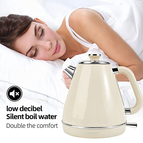 Electric Kettle,Tea Kettle,1.7 Litre Retro Style Kettle,Kitchen Countertop Coffee Tea Hot Water Kettle,Double Wall 304 Stainless Steel BPA Free Hot Water Boiler,Auto Shut-Off And Boil-Dry Protection (Cream)