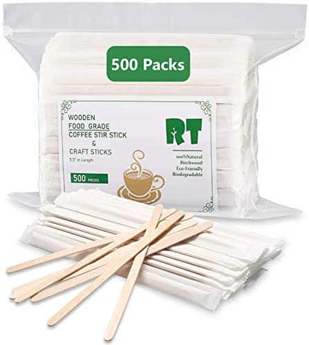  －Wooden Coffee Stirrer Natural Birch Can Be Used For Tea Hot Drinks And Cold Drinks The Stirrer Sticks Are Individually Wrapped And Safer 5.5"inch 500 Sticks Packaging