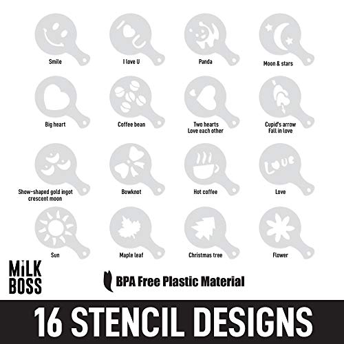  Ghty Milk Frother Handheld Whisk Mixer - Coffee Frother Electric Handheld Foam Maker & Frother For Coffee - Portable Electric Whisk With 16-Piece Stencils For Lattes, Matcha & More (Black)
