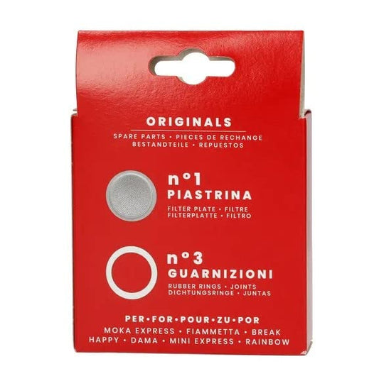 Bialetti 3 Gaskets (Rubber Rings) 1 Filter Plate Replacement For Moka 3 + 4 Cups
