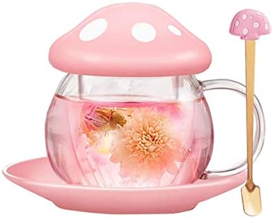  Mothers Day Gifts For Mom Glass Tea Cup Cute Mushroom Mug With Mushroom Spoon, Tea Cups With Infuser Strainer Filter, Clear Teapot With Ceramic Lid Coaster, Heat Resistant For Home290ML 9.6oz (Pink)