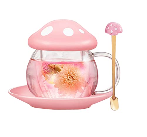  Mothers Day Gifts For Mom Glass Tea Cup Cute Mushroom Mug With Mushroom Spoon, Tea Cups With Infuser Strainer Filter, Clear Teapot With Ceramic Lid Coaster, Heat Resistant For Home290ML 9.6oz (Pink)