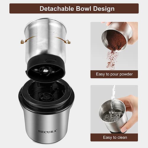  Coffee Grinder Electric, 2.5oz/75g Large Capacity Spice Grinder Electric, Coffee Bean Grinder With 1 Stainless Steel Blades Removable Bowl