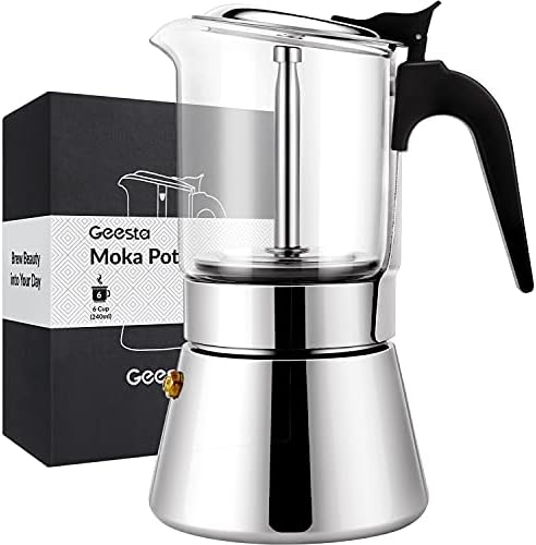  EESTA Premium Crystal Glass-Top Stovetop Espresso Moka Pot - 4 / 6/ 9 Cups - Stainless Steel Coffee Maker- 160ml/5.6oz/4 Cup (esHimpresso Cup=40ml)- Valentines Day Gifts