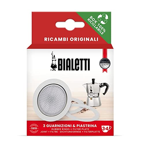 Bialetti 3 Gaskets (Rubber Rings) 1 Filter Plate Replacement For Moka 3 + 4 Cups
