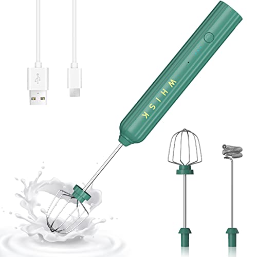  Rechargeable Milk Frother Handheld, Electric Coffee Frother With 2 Stainless Whisk, Adjustable Speed Mini Drink Mixer, Foam Maker Blender For Latte, Cappuccino, Matcha, Hot Chocolate (Green)