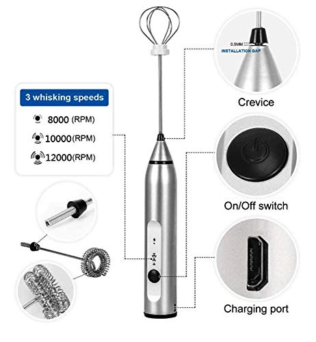  Electric Milk Frother Handheld Milk Foamer With 16 Pcs Art Stencils, USB Rechargeable Coffee Frother 3 Speeds Milk Whisk 2 In 1 Egg Beater Perfect For Coffee, Latte, Cappuccino