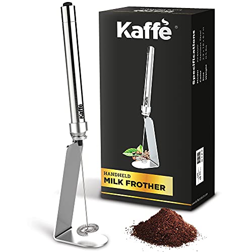 Kaffe E Handheld Milk Frother Whisk With Stand. Stainless Steel Battery Operated Electric Foamer (Stainless Steel)